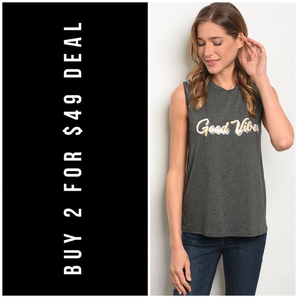 January Summer Tops - “GOOD VIBES” GRAY TEE
